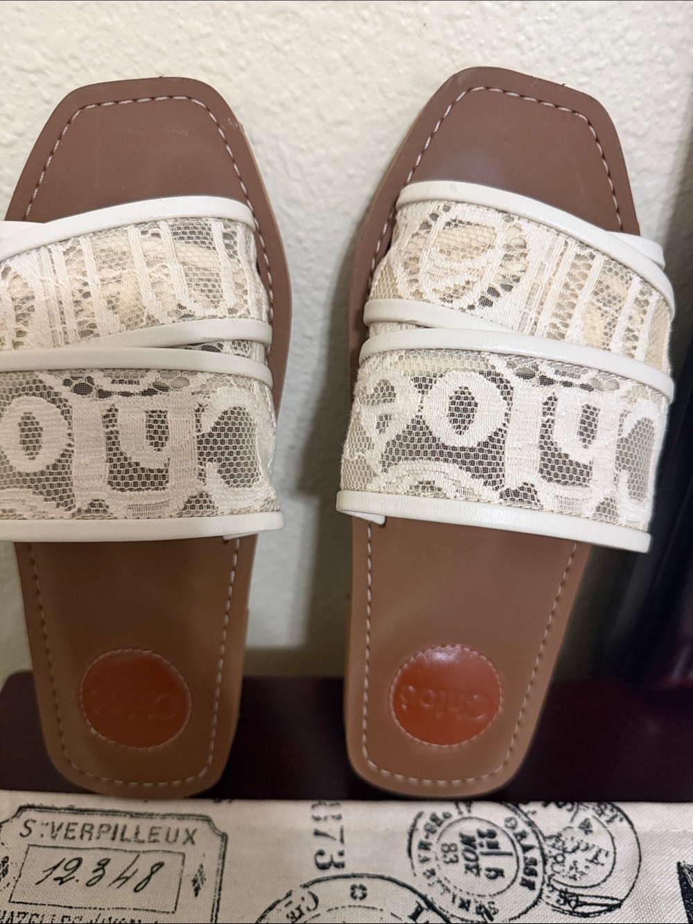 Chloe White Lace Slide Sandals with Tan Footbed